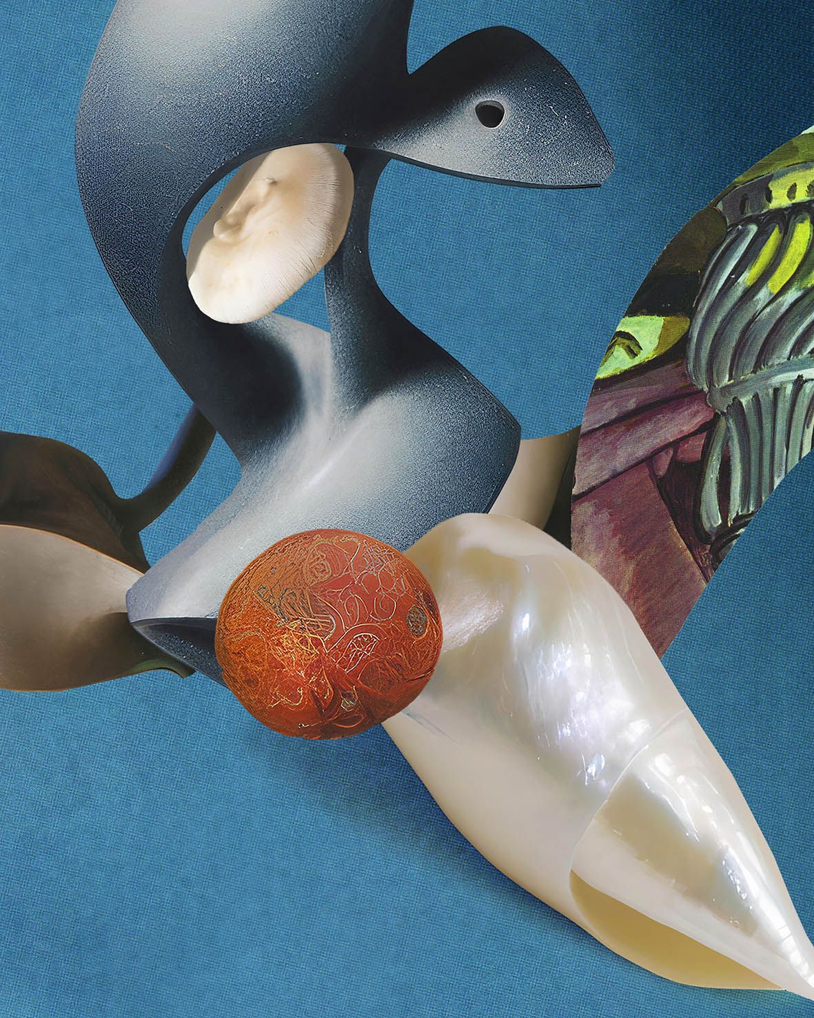 A vibrant still-life composition featuring surreal sculptural objects—a black bird-like form with cream-colored details, white curved shapes, a red-orange decorative sphere, and lime-green striped elements—arranged against a bright blue textured…